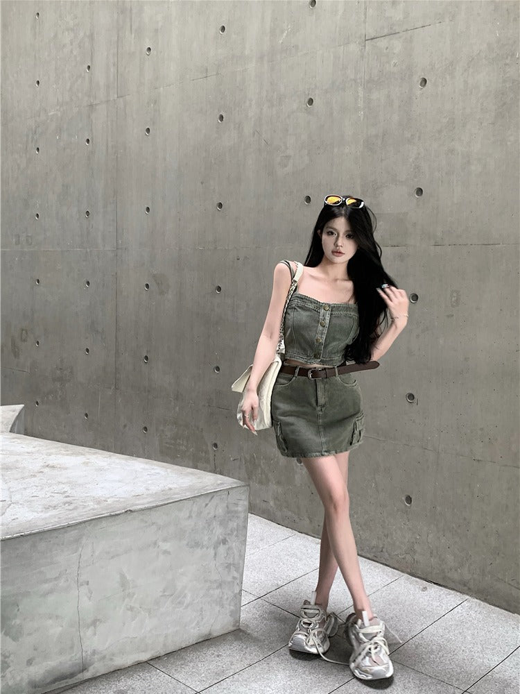 💕辣妹復古吊帶背心上衣配高腰半身裙牛仔套裝