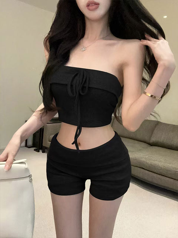 💕純欲修身短款抹胸上衣+運動短褲