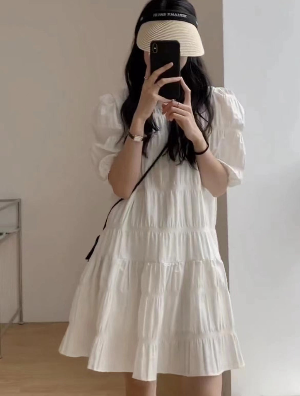 💕慵懶氣質小眾褶皺泡泡袖法式連衣裙
