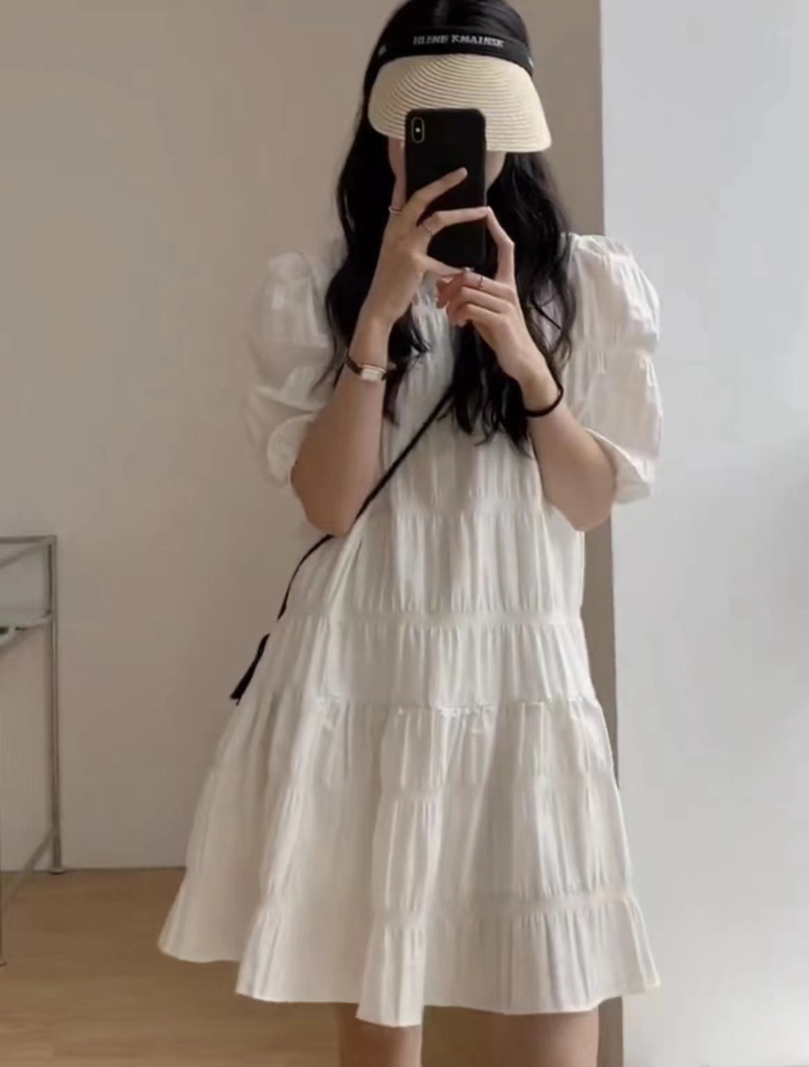 💕慵懶氣質小眾褶皺泡泡袖法式連衣裙