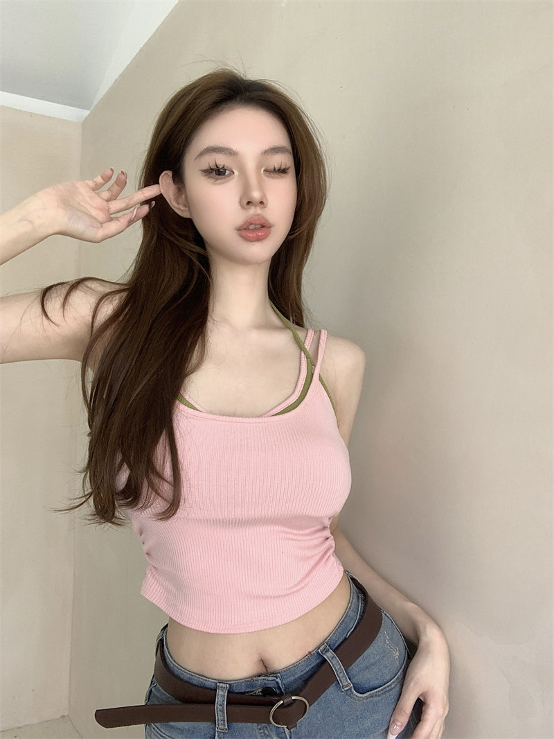 💕春夏熱辣假兩件帶胸墊吊帶背心