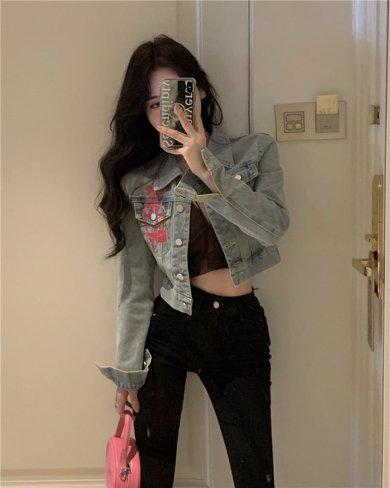 💕美式甜酷塗鴉字母印花短款夾克牛仔外套