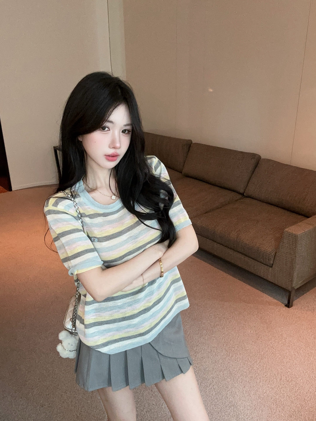 💕夏季清透感柔軟撞色條紋針織衫上衣