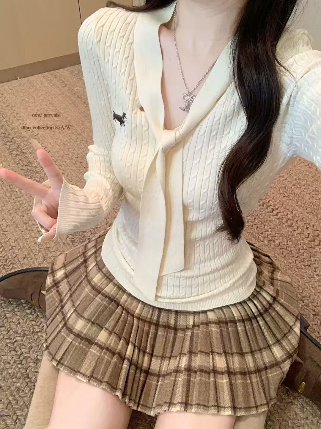 💕韓系氣質修身V領系帶麻花臘腸狗針織衫毛衣