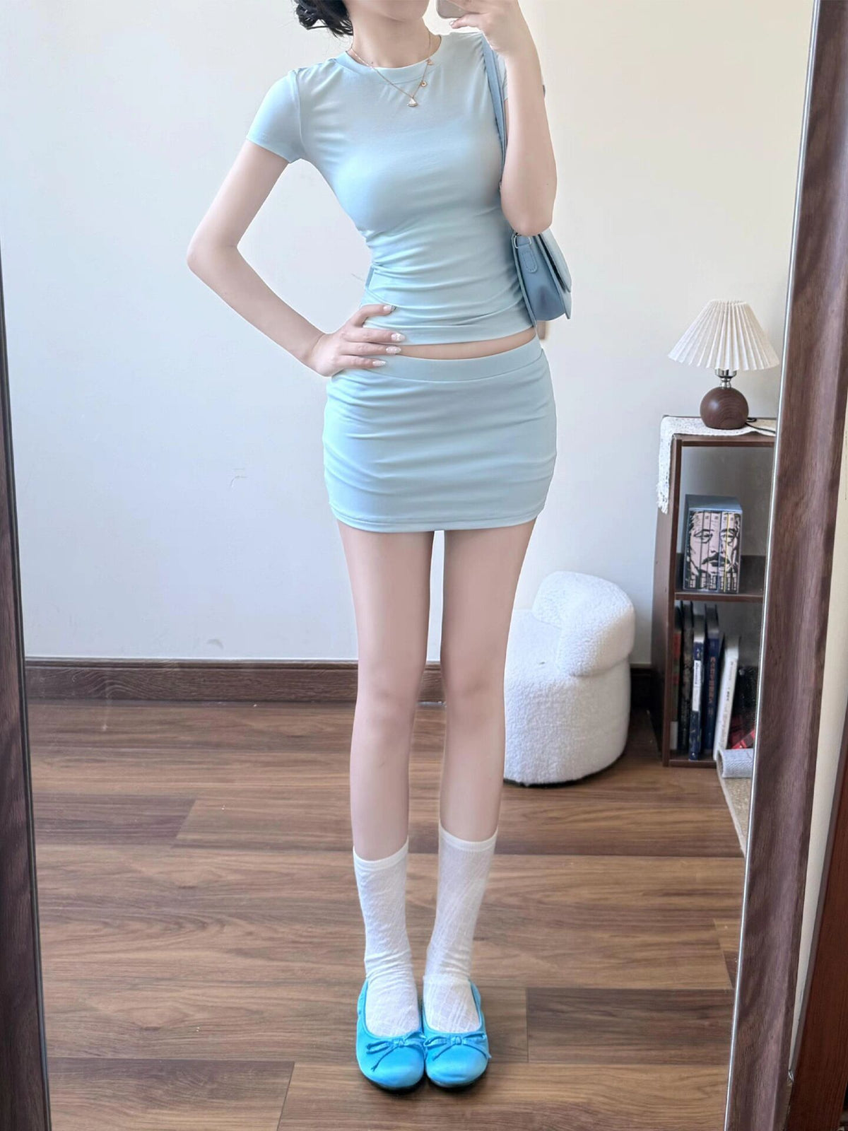 💕蘇打汽水淺藍純御T袖+包臀短裙兩件套