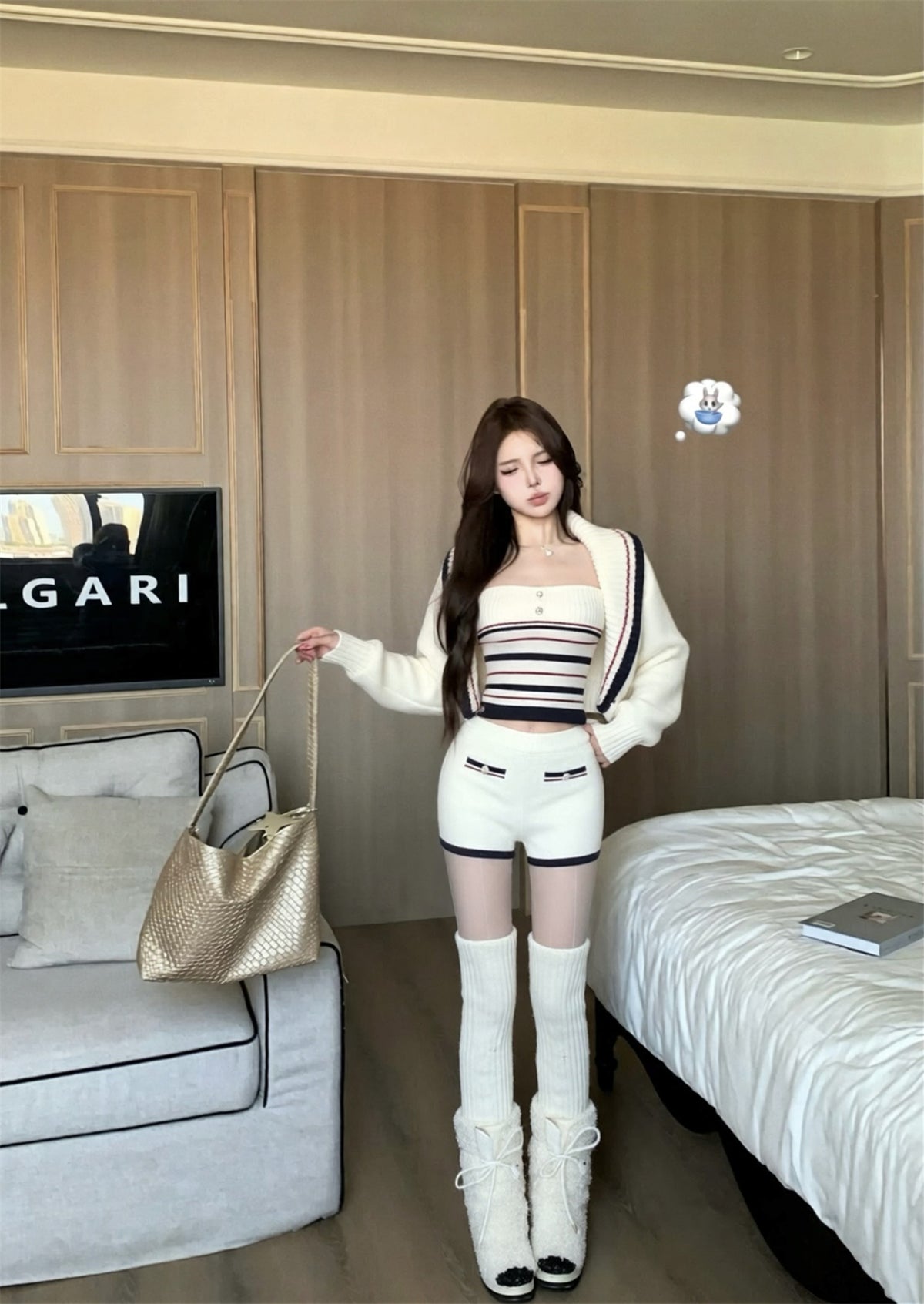 💕休閒慵懶條紋大翻領針織背心三件套