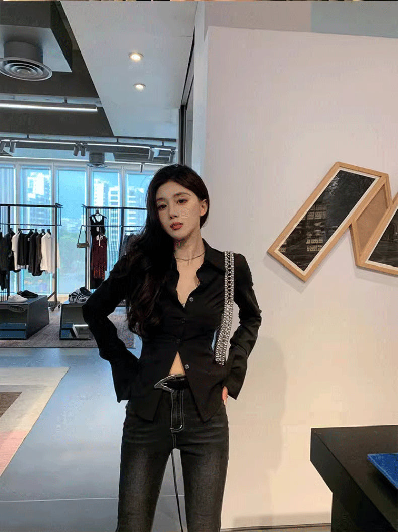 💕高級感西裝領長袖不規則褶皺襯衫