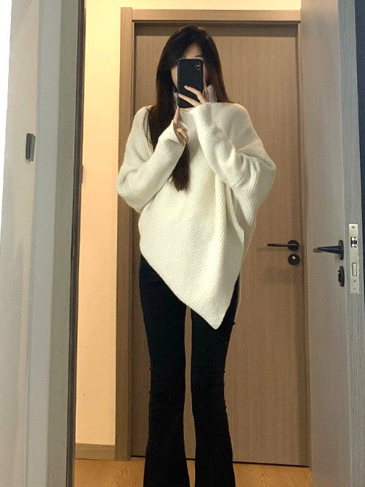 💕溫柔韓系慵懶不規則高領加厚針織毛衣