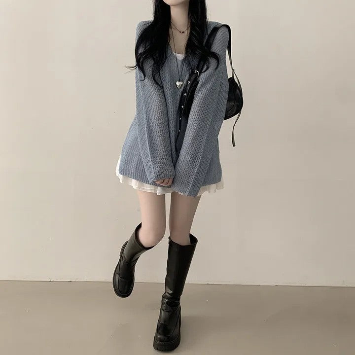 💕韓系寬鬆慵懶V領防曬罩衫針織毛衣