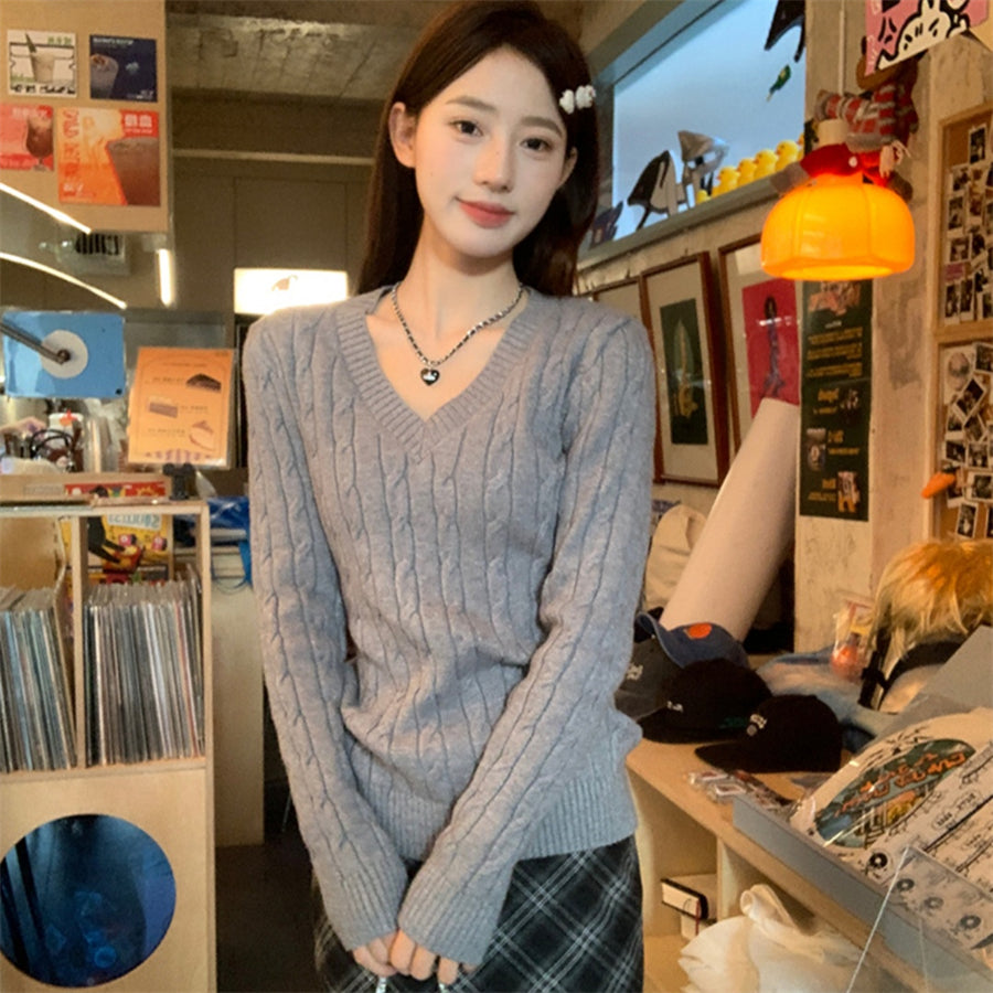 💕韓系慵懶風V領麻花加厚寬鬆毛衣