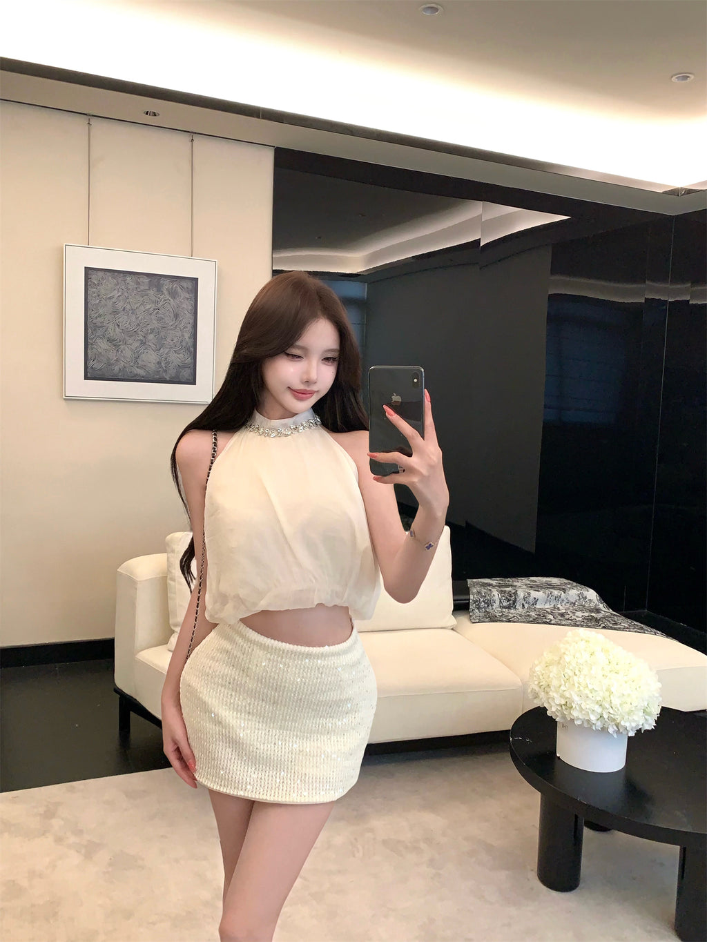 💕夏季高級氣質感掛脖花苞上衣珠片半身裙兩件套
