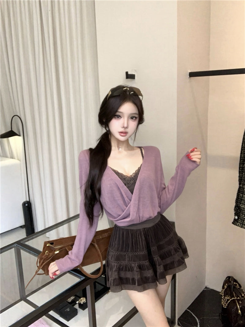 💕甜美純欲交叉設計感開衫內搭吊帶三件套
