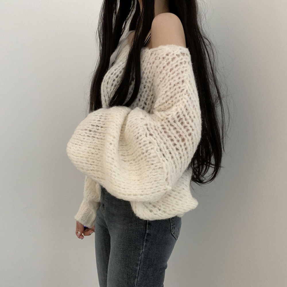 💕韓系chic春秋百搭寬鬆燈籠袖針織上衣