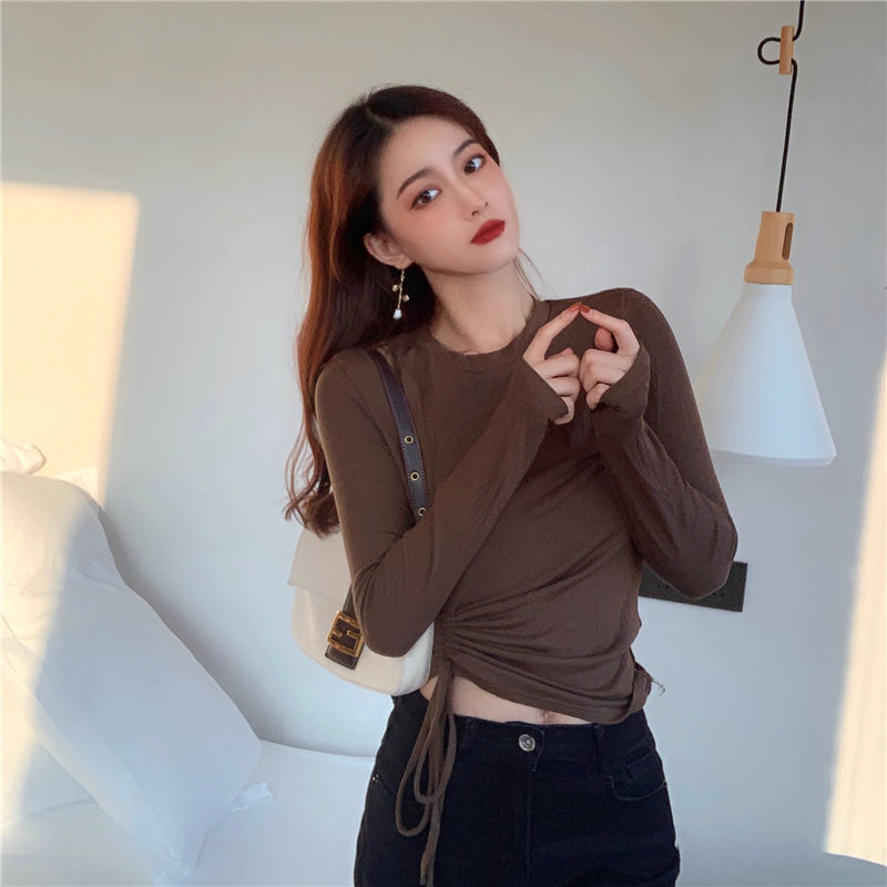 💕純色百搭鏤空側邊抽繩彈力打底上衣