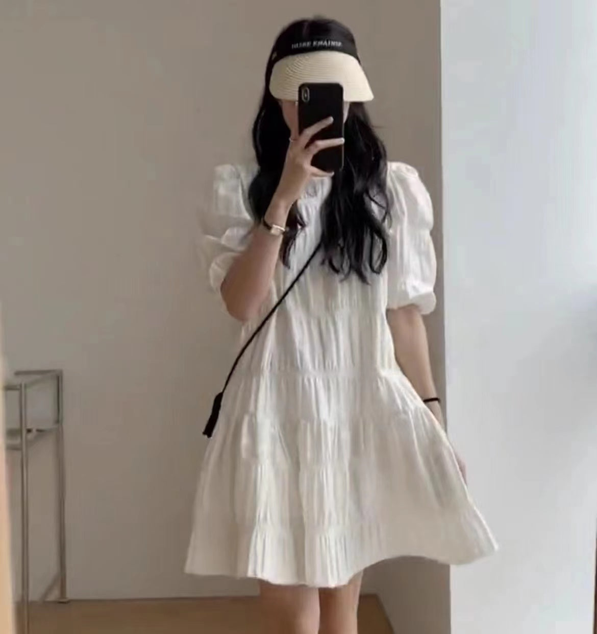 💕慵懶氣質小眾褶皺泡泡袖法式連衣裙