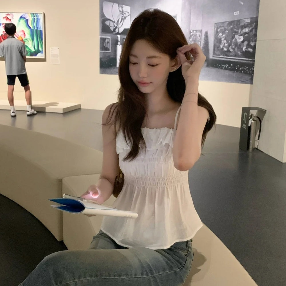 💕法式氣質溫柔荷葉邊皺褶吊帶背心
