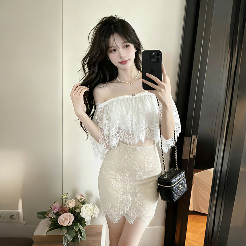 💕絕美白色蕾絲抹胸上衣配高腰包臀短裙套裝