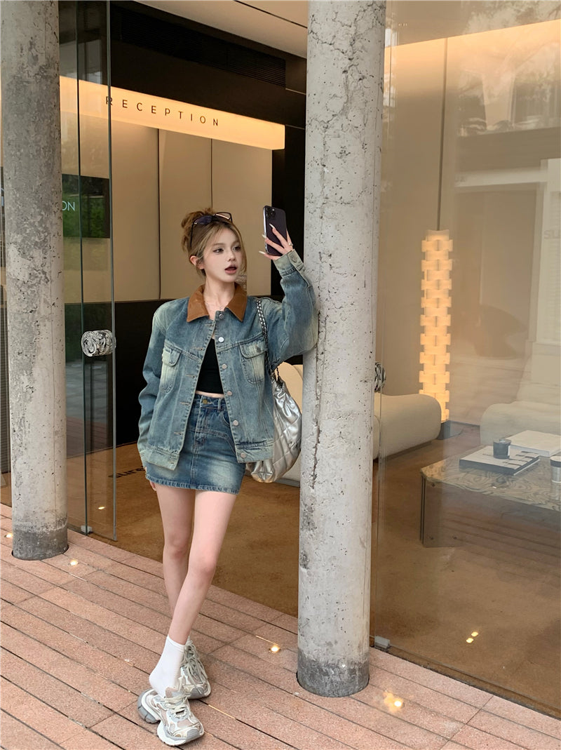 💕辣妹風牛仔外套配高腰牛仔短裙兩件套