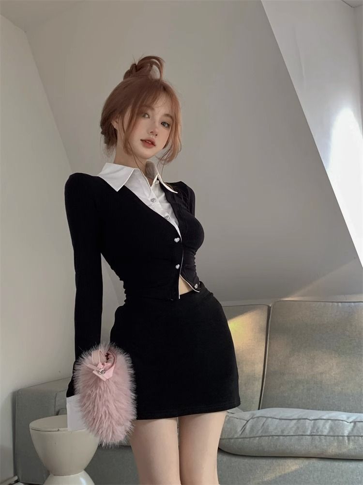 💕純御辣妹修身短款黑色假兩件長袖襯衫