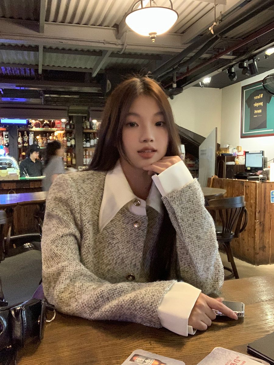 💕韓系秋冬假兩件拼接小香風加墊肩外套