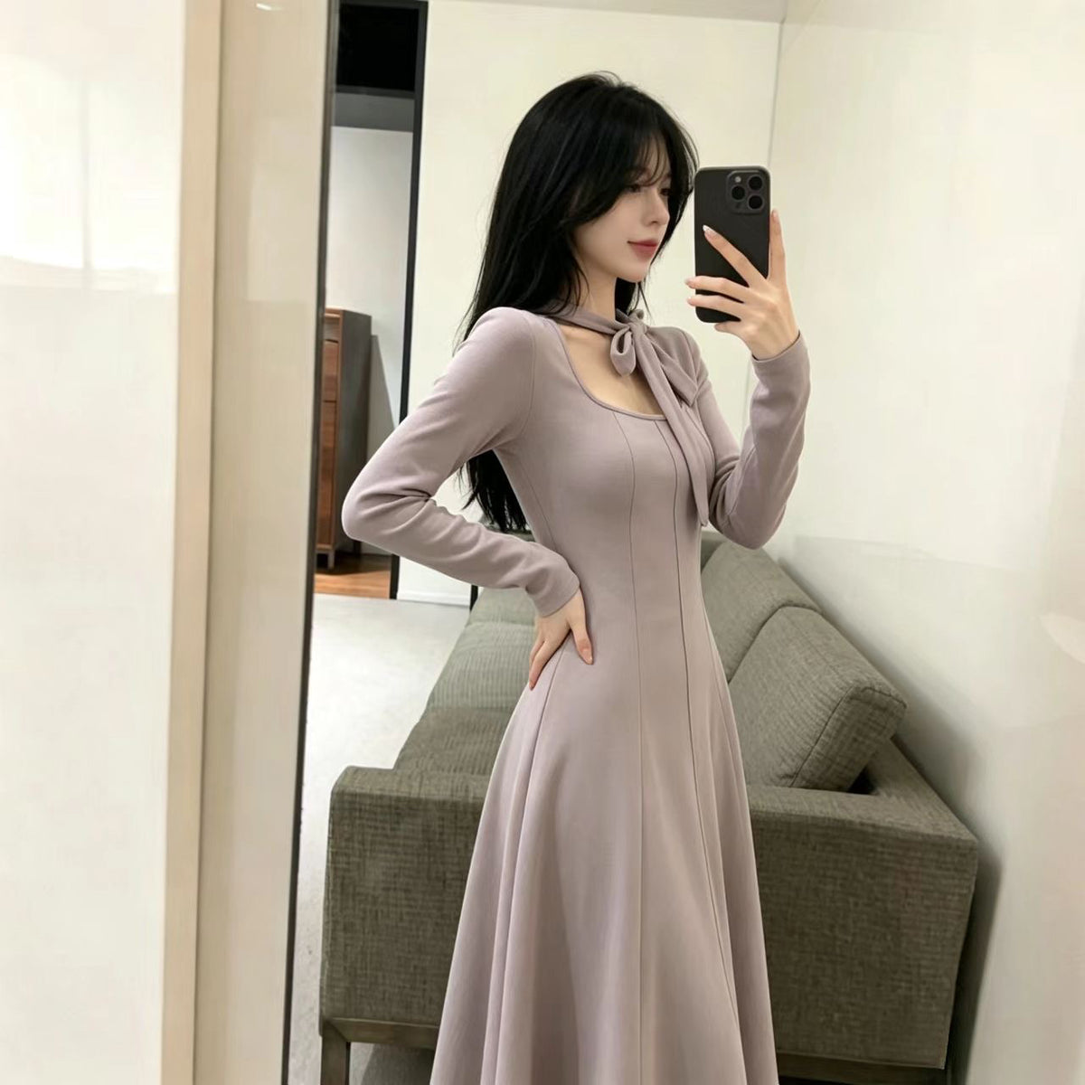 💕秋冬韓系輕熟風方領長袖系帶顯瘦連身裙