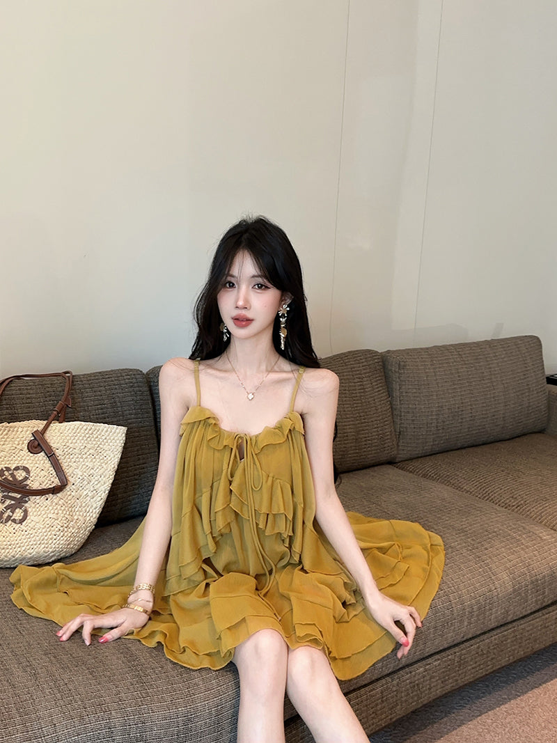 💕氣質重工吊帶荷葉邊不規則連衣裙