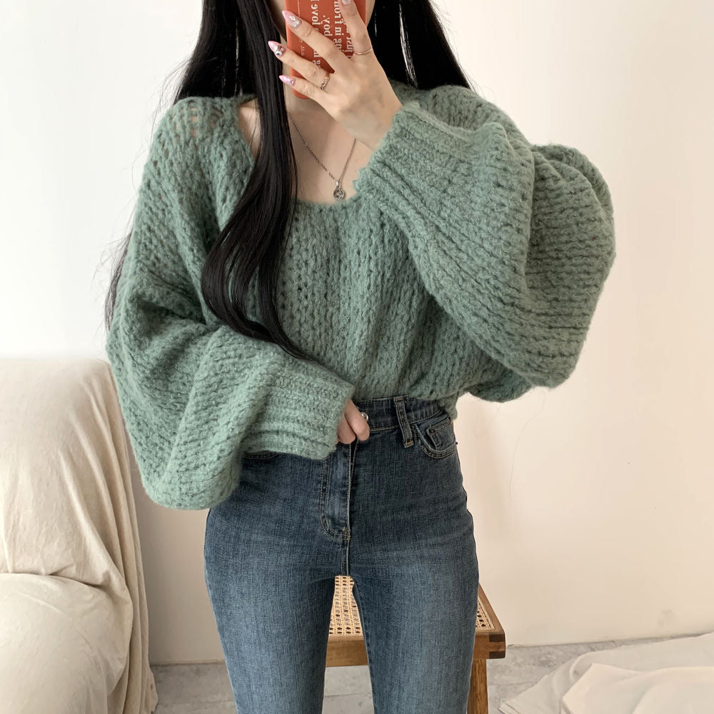 💕韓系chic春秋百搭寬鬆燈籠袖針織上衣