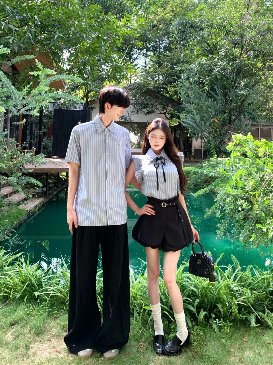 💕韓系藍色條紋小飛袖襯衫花苞短褲情侶套裝