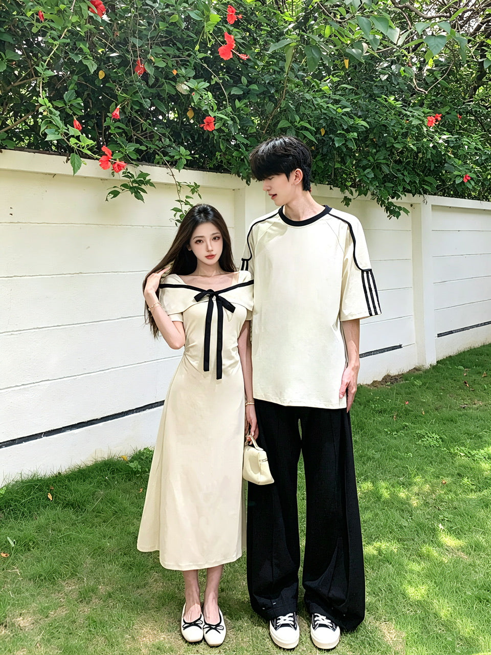 💕法式氣質杏色蝴蝶結收腰長裙情侶裝