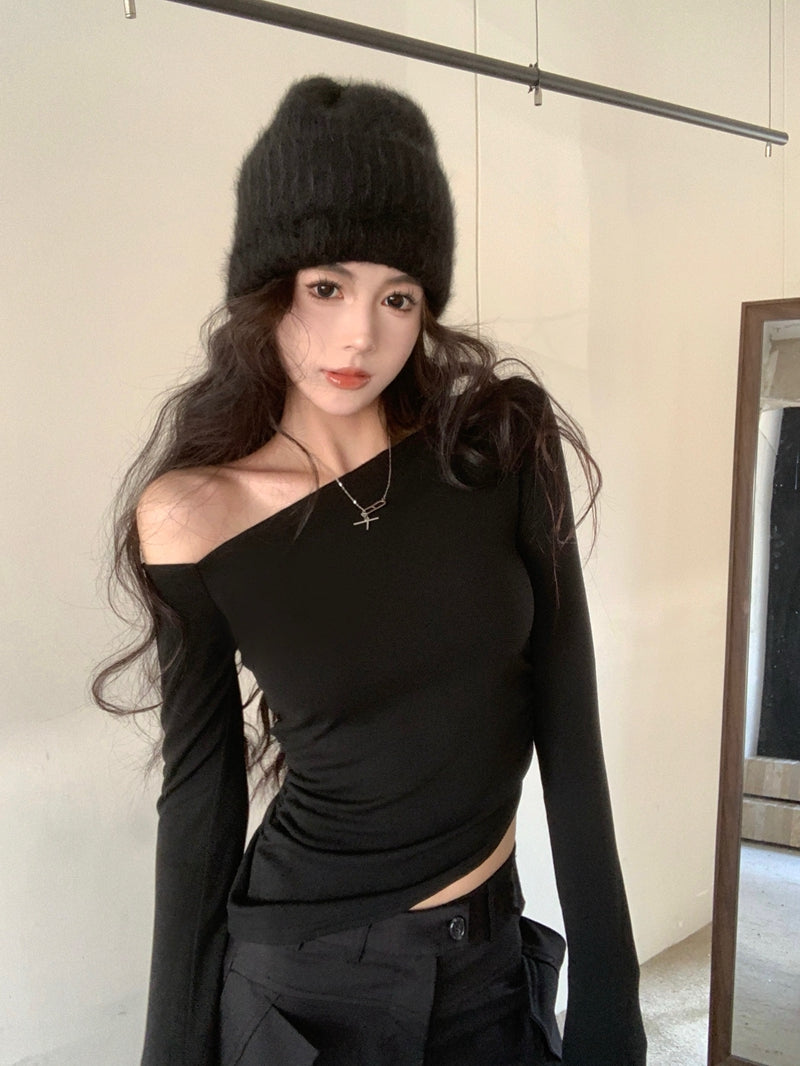 💕純欲性感不規則露肩黑色長袖斜肩上衣