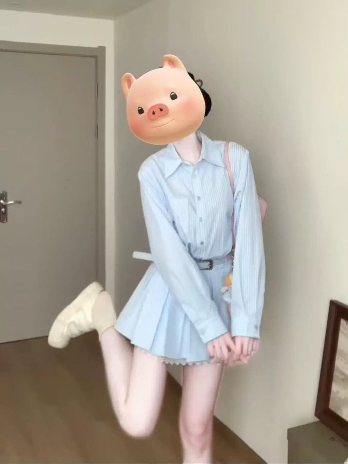 💕春夏小個子收腰有腰帶條紋襯衫連身裙