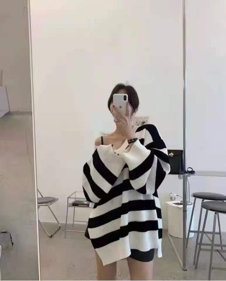 💕韓系ins簡約V領側開衩落肩長袖中長款毛衣