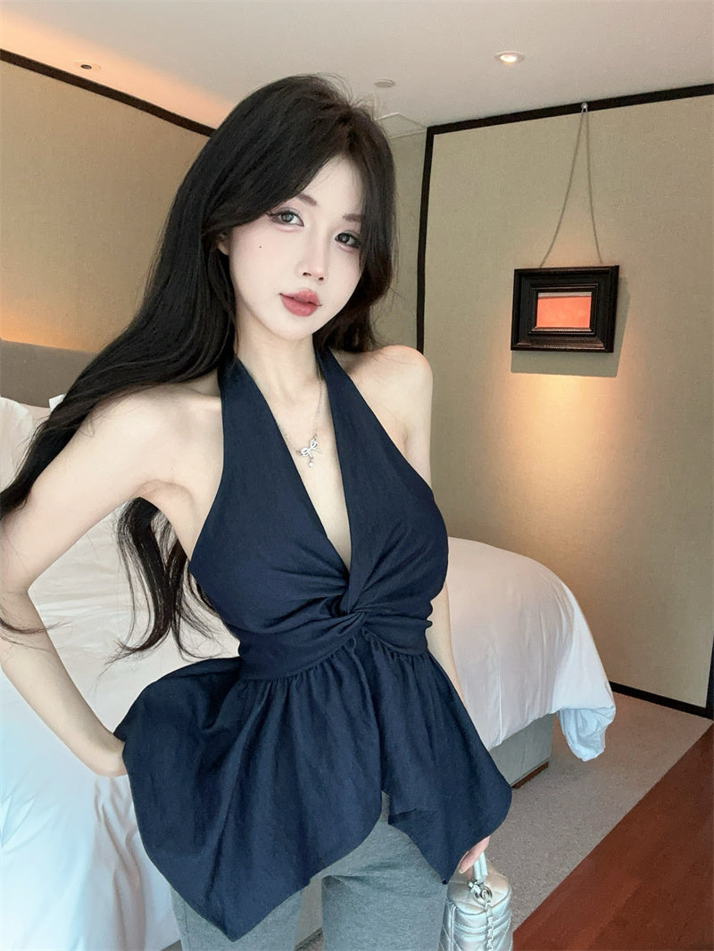 💕氣質深V牛仔掛脖露背顯瘦抹胸背心
