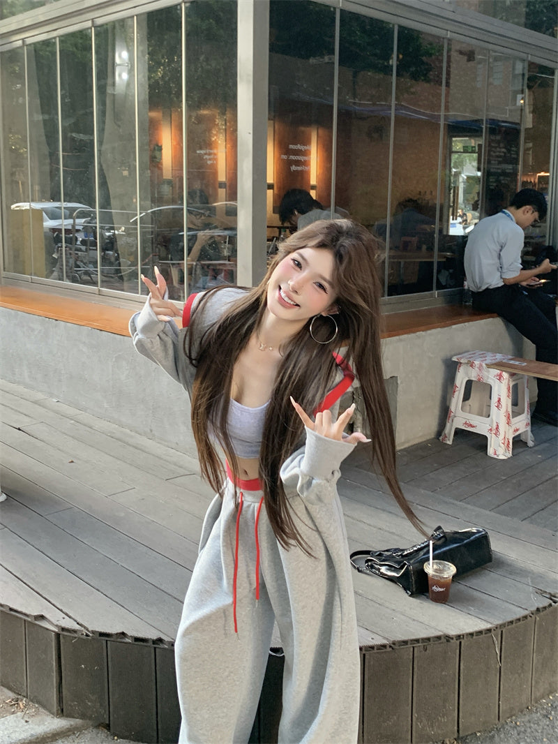 💕韓系個性設計感灰色長袖顯瘦休閒褲套裝
