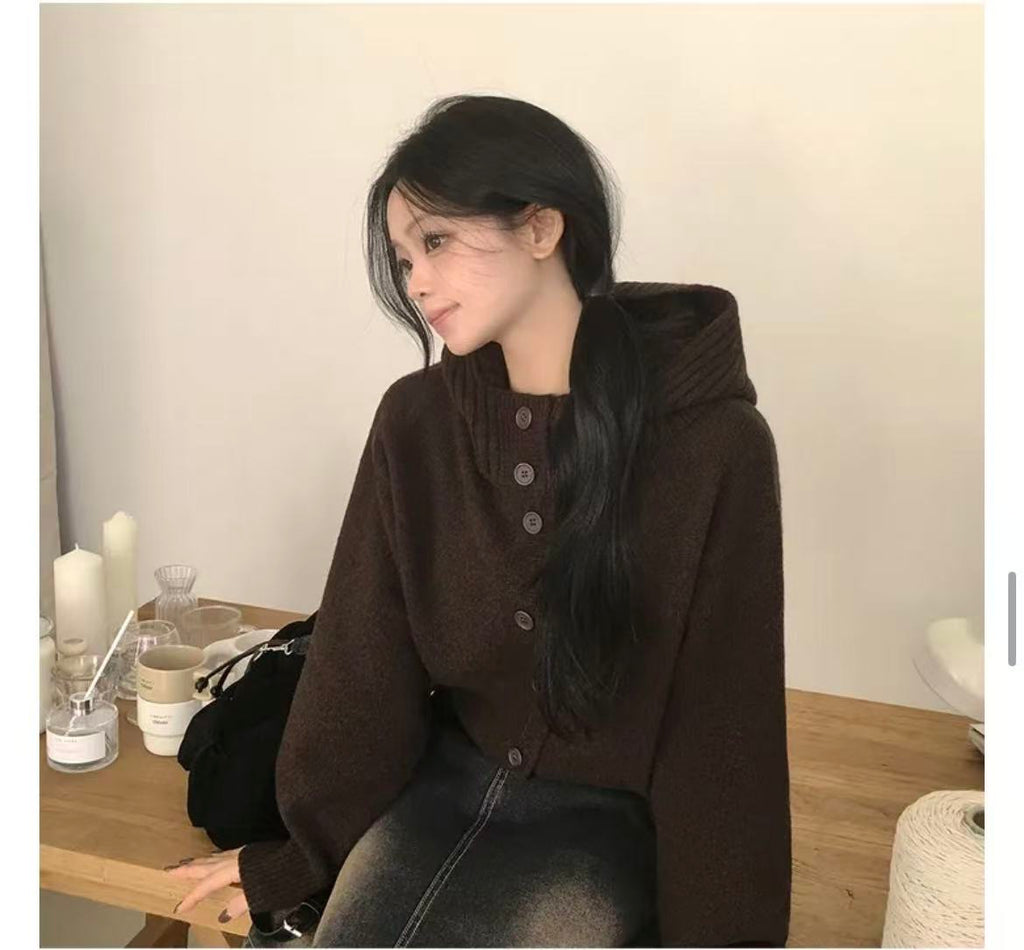 💕韓系軟糯慵懶復古扣連帽針織開衫