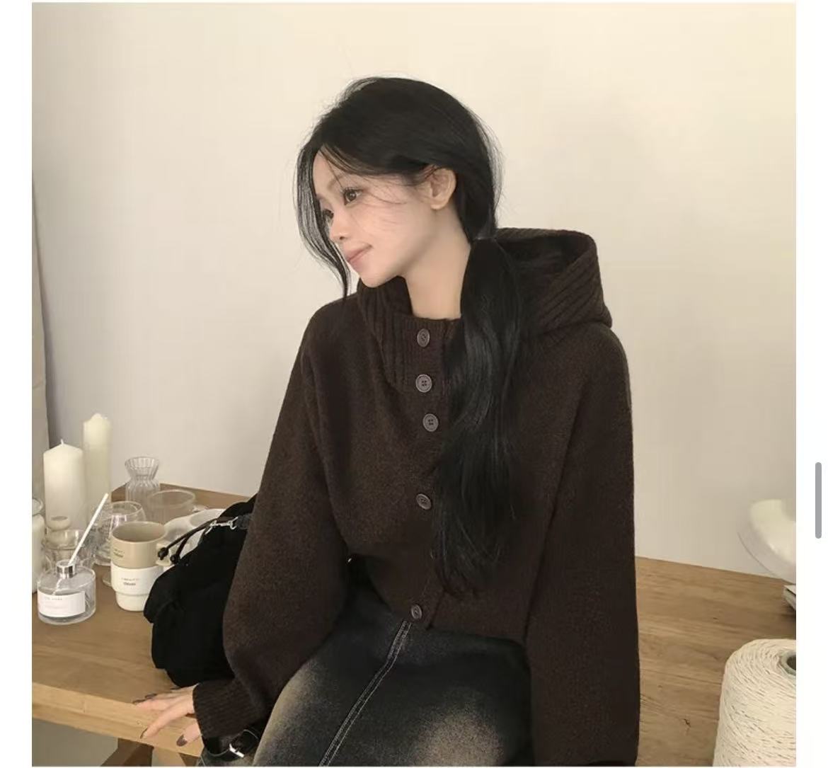 💕韓系軟糯慵懶復古扣連帽針織開衫
