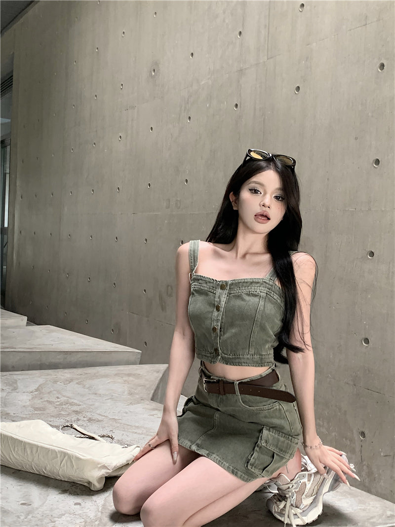 💕辣妹復古吊帶背心上衣配高腰半身裙牛仔套裝