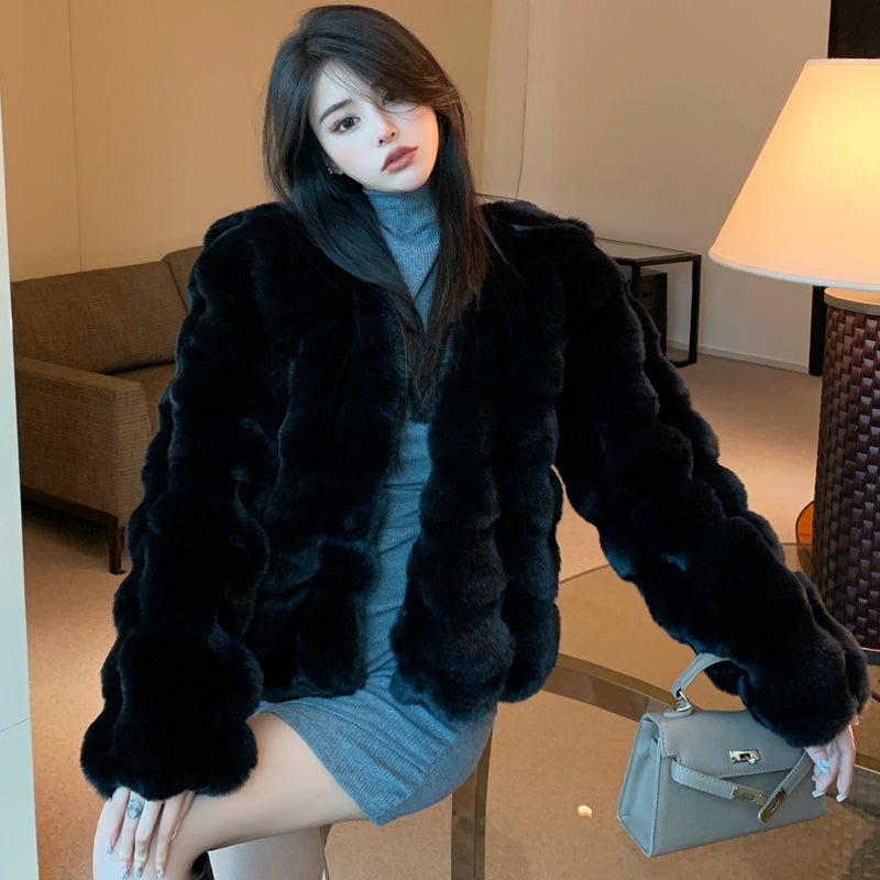 💕冬季高級感氣質保暖短款加厚毛毛外套