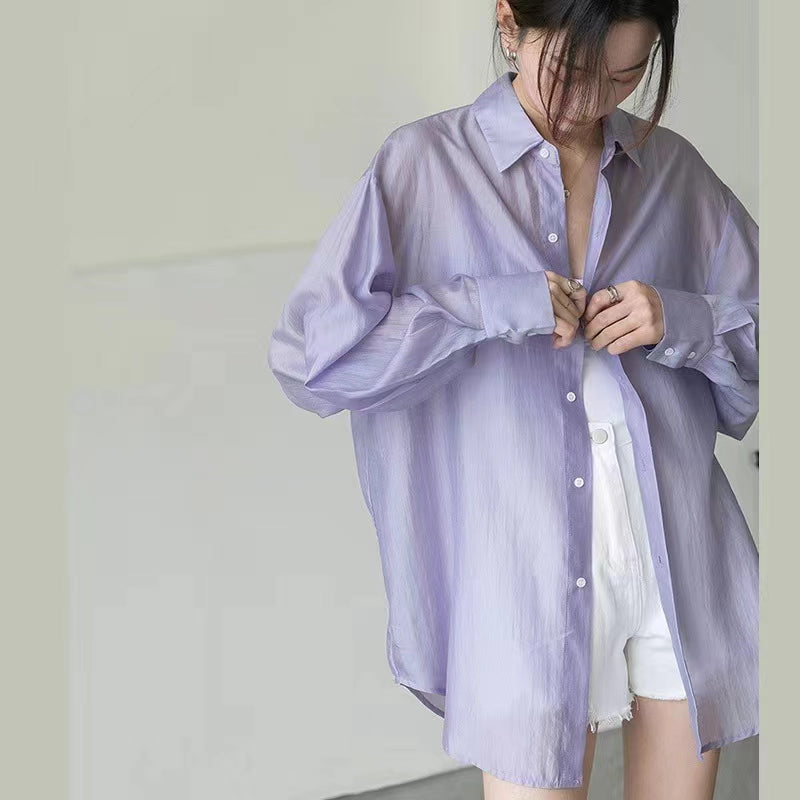 💕夏季天絲小眾薄款開衩防曬襯衫