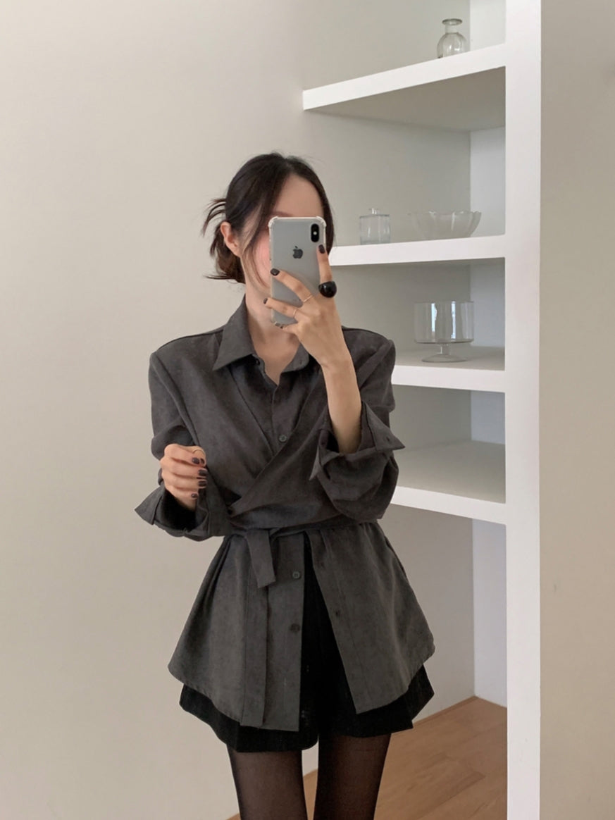 💕韓系秋冬交叉綁帶假兩件百搭襯衫上衣