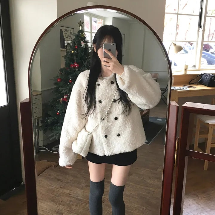 💕chic韓系高級雙排釦羊羔毛外套