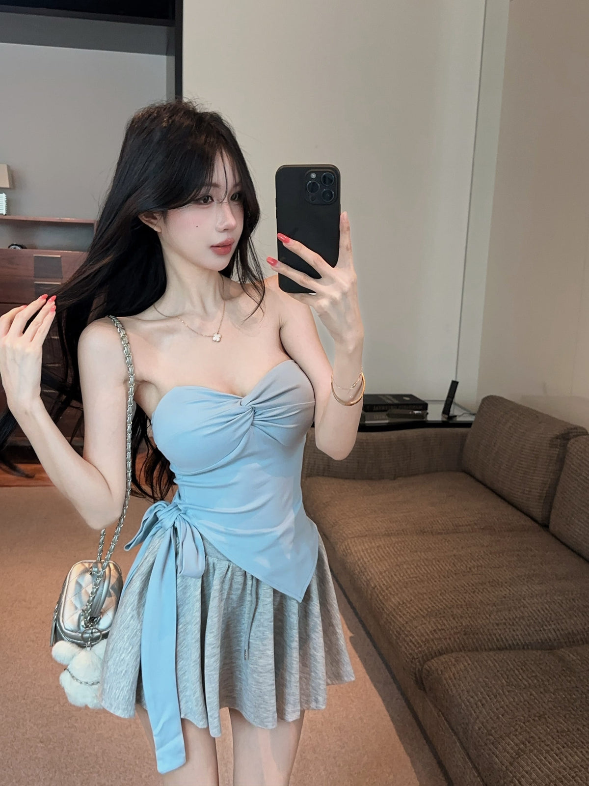 💕氣質帶胸墊不規則下擺系帶扭結兩件套