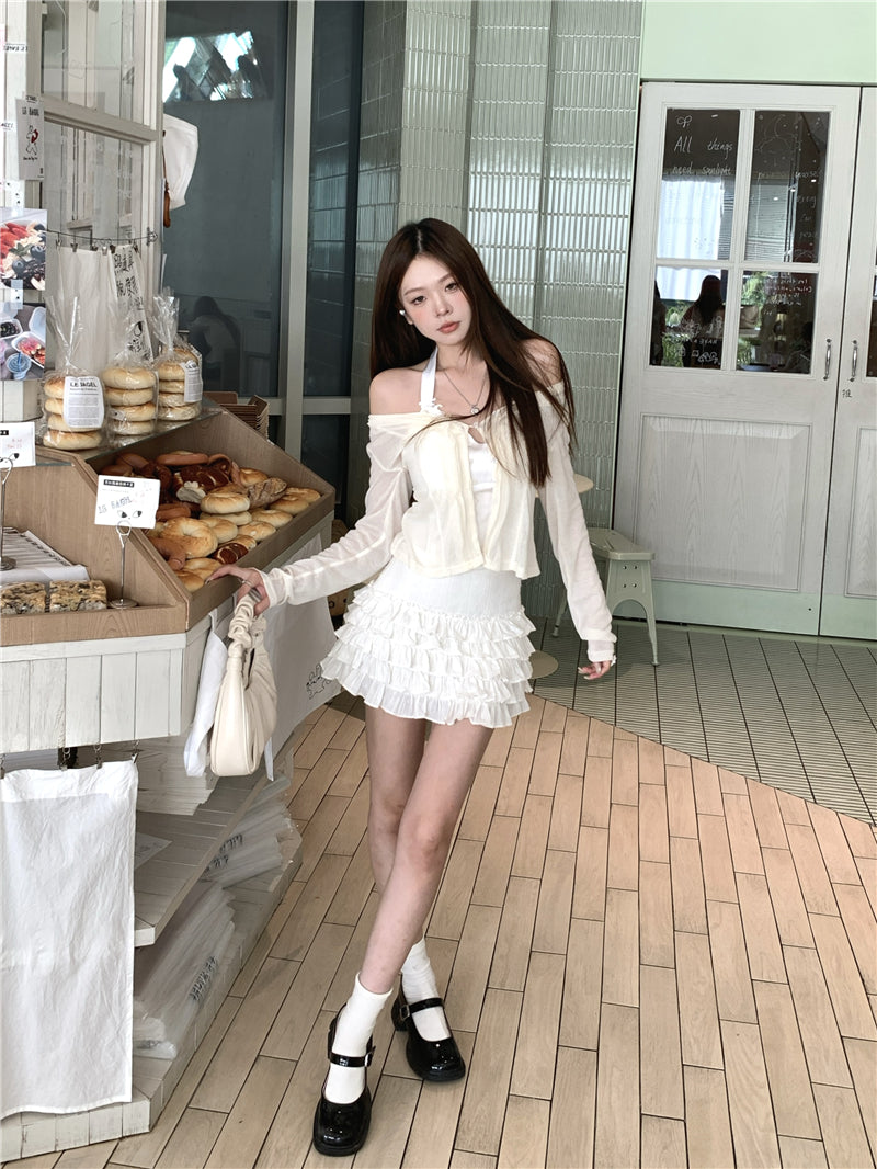 💕氧氣感貴氣羊毛長袖掛脖吊帶背心兩件套