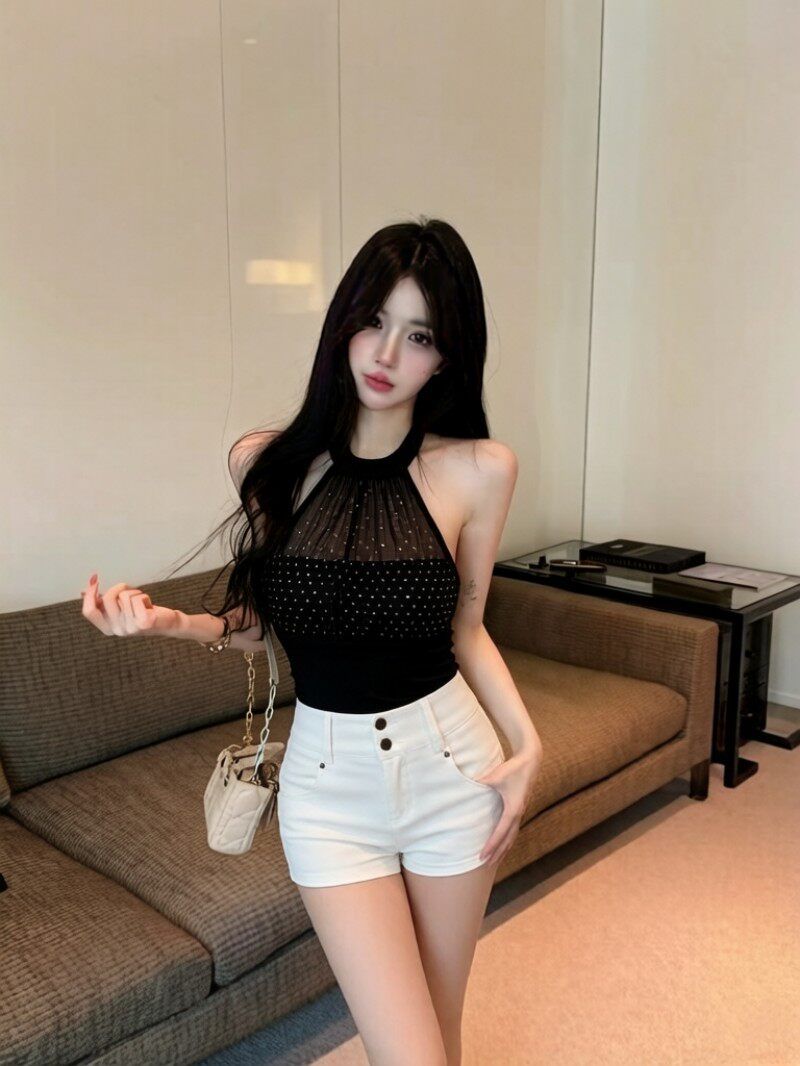 💕掛脖網紗高腰露背燙鑽抹胸單品