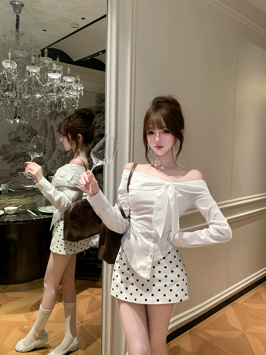 💕chic韓系一字領不規則上衣點點短裙套裝