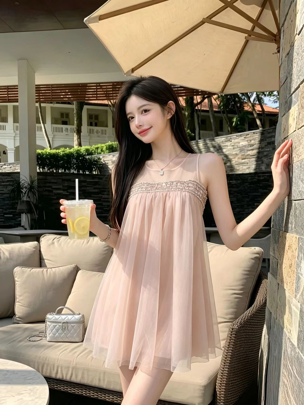 💕法式溫柔網紗無袖澎澎連衣裙