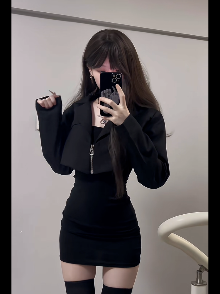 💕ins韓系甜辣氣質西裝短外套+修身打底包臀連衣裙套裝