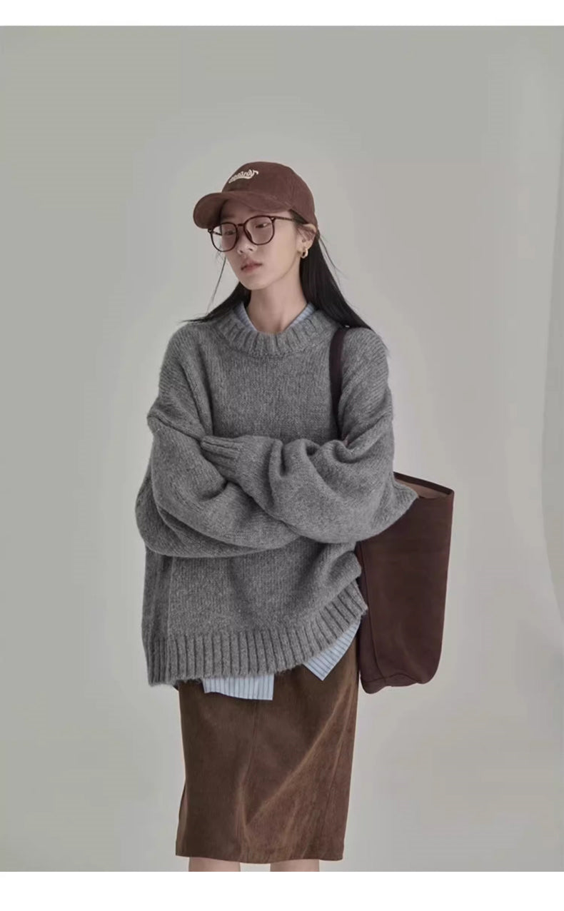💕日系慵懶休閒復古灰色外穿內搭針織厚上衣