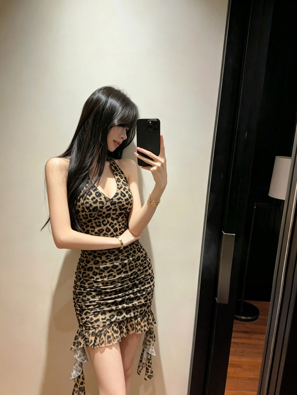 💕豹紋露背網紗流蘇包臀短裙
