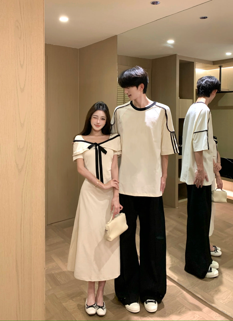 💕法式氣質杏色蝴蝶結收腰長裙情侶裝